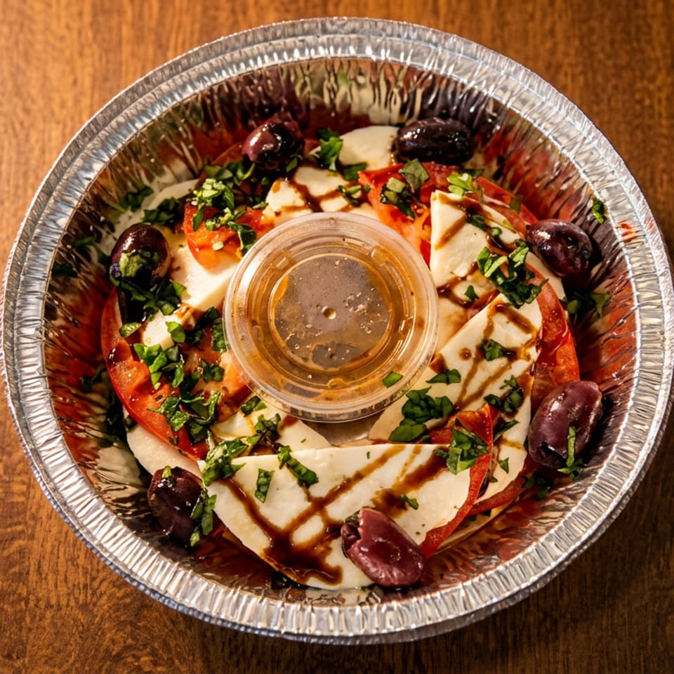 Caprese salad with tomatoes, mozzarella, olives, balsamic glaze, and herbs in a foil container.