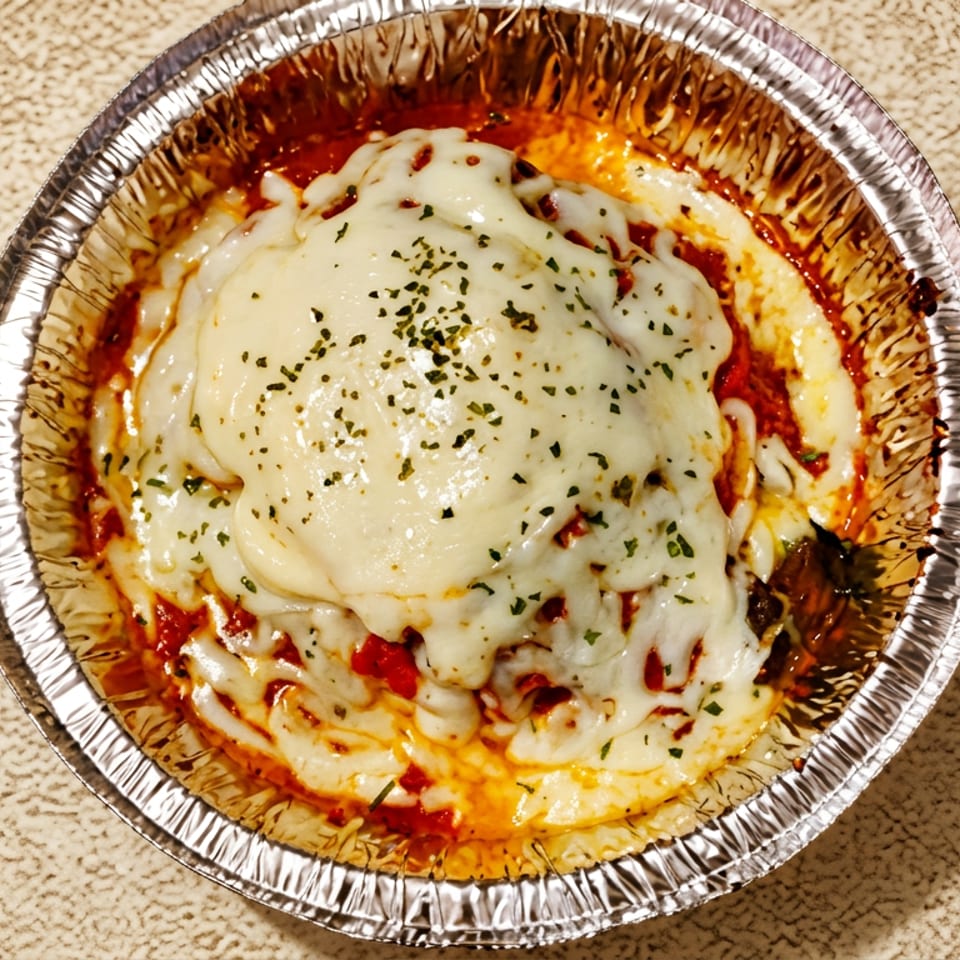 A close-up, overhead view of a baked pasta dish with melted cheese and herbs in a foil container.