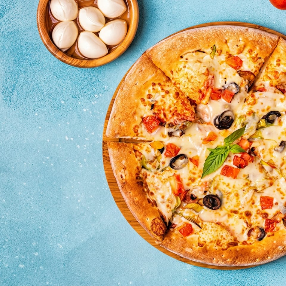 A freshly baked pizza with tomatoes, olives, and basil, alongside mozzarella balls and cherry tomatoes.