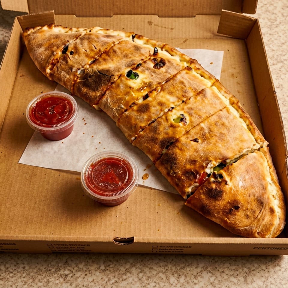 A long, sliced calzone with two cups of marinara sauce in a cardboard pizza box.