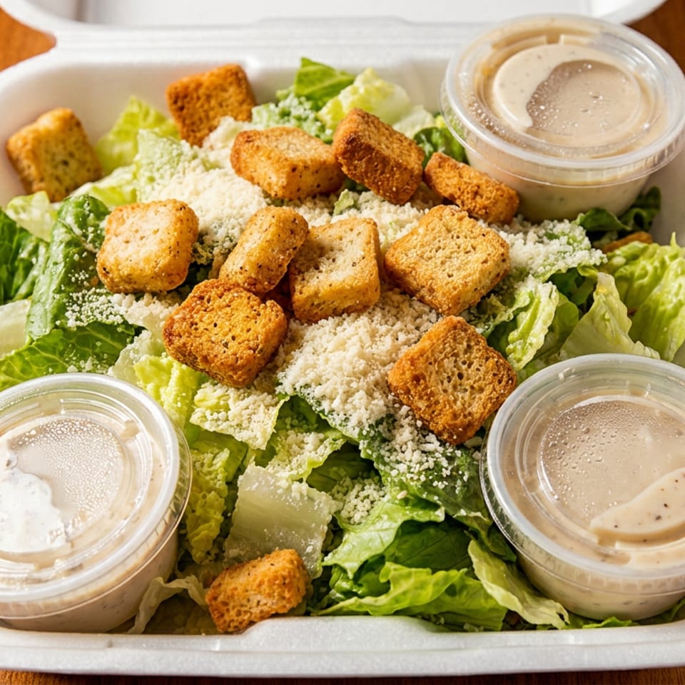 Caesar salad with croutons, parmesan cheese, and dressing in a white takeout container.