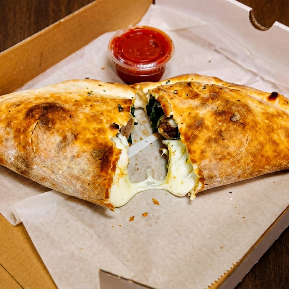 A golden-brown calzone, split open with melted cheese stretching, in a cardboard box with marinara sauce.