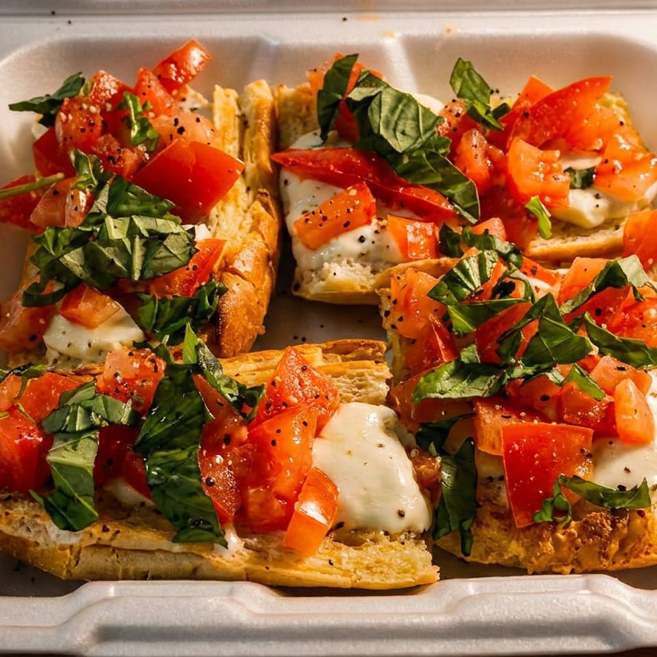 Four pieces of bruschetta with diced tomatoes, fresh basil, and mozzarella in a white takeout container.