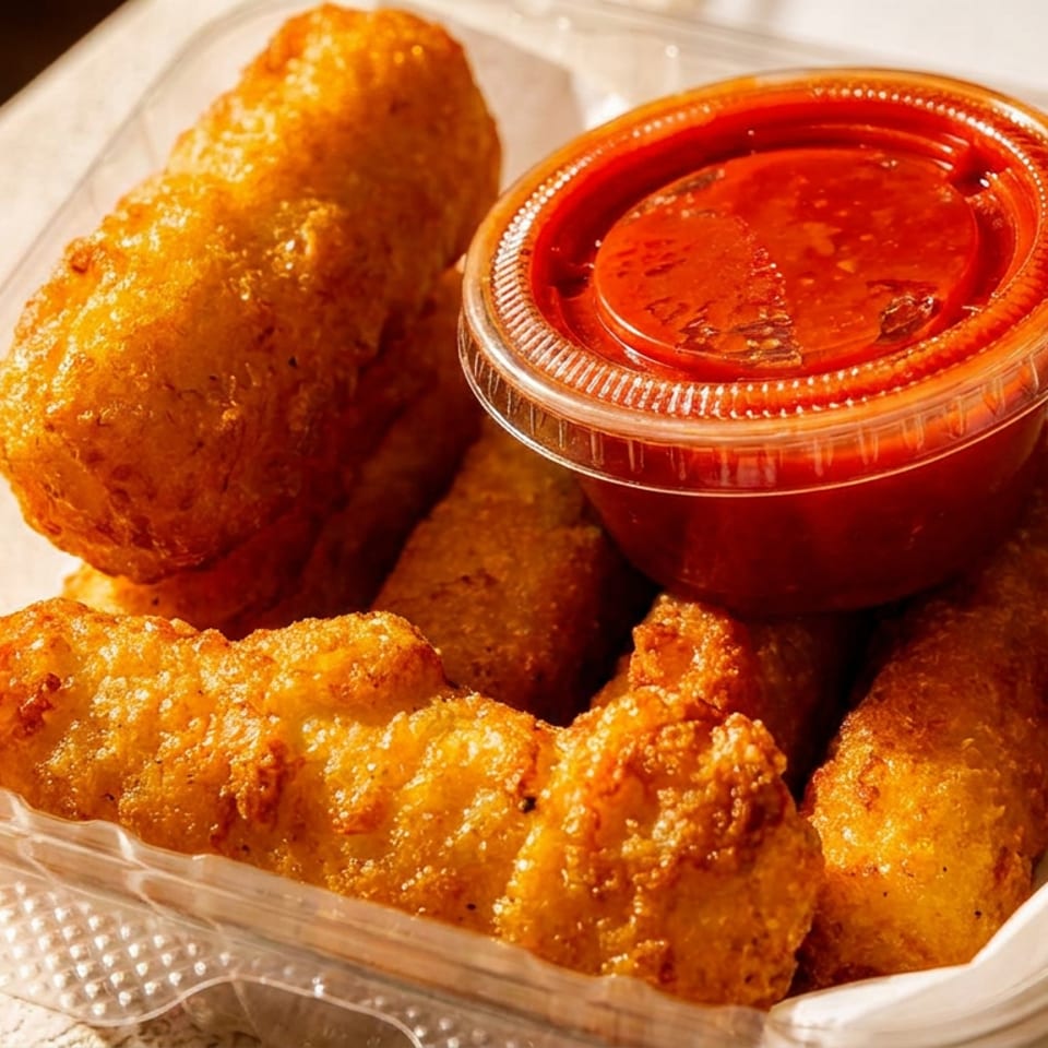 Golden-brown fried mozzarella sticks and a cup of red marinara sauce in a clear plastic takeout container.