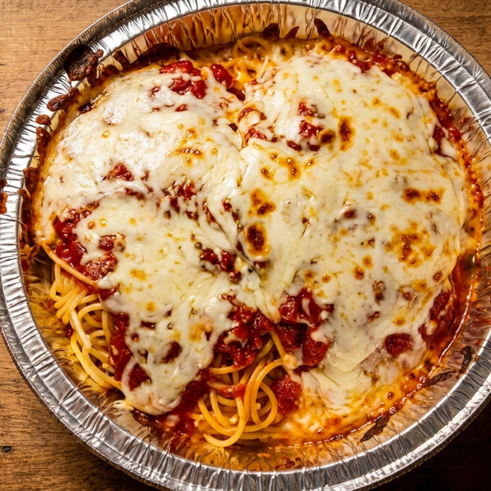 Baked spaghetti with marinara sauce and melted mozzarella cheese in a foil container on a wooden table.