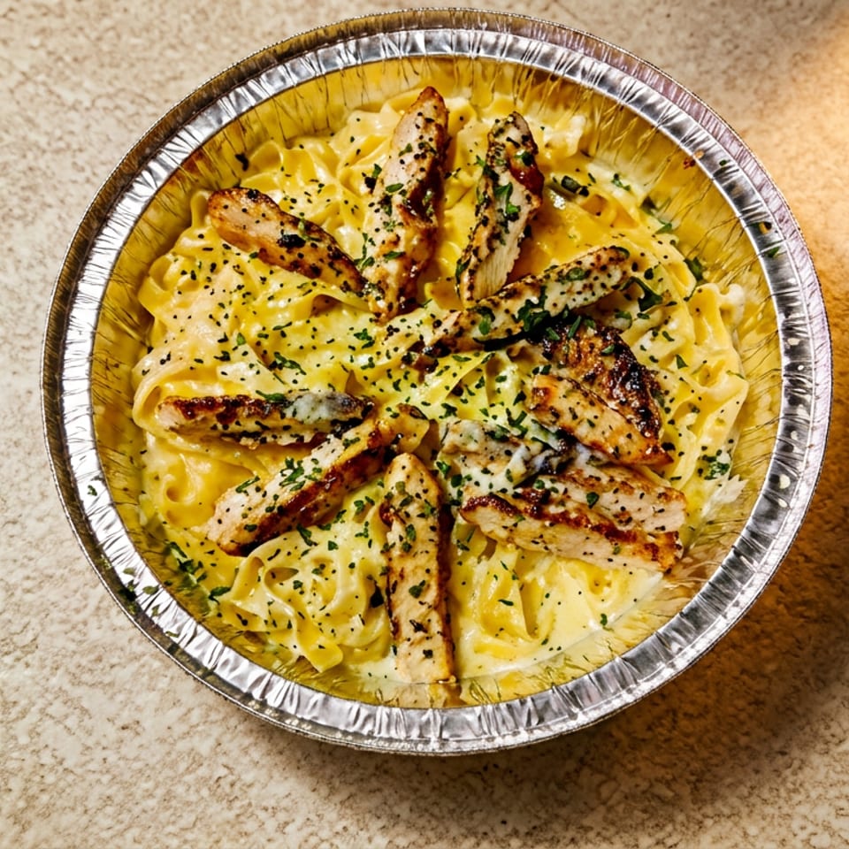 Chicken alfredo pasta in a foil takeout container, garnished with parsley and black pepper.